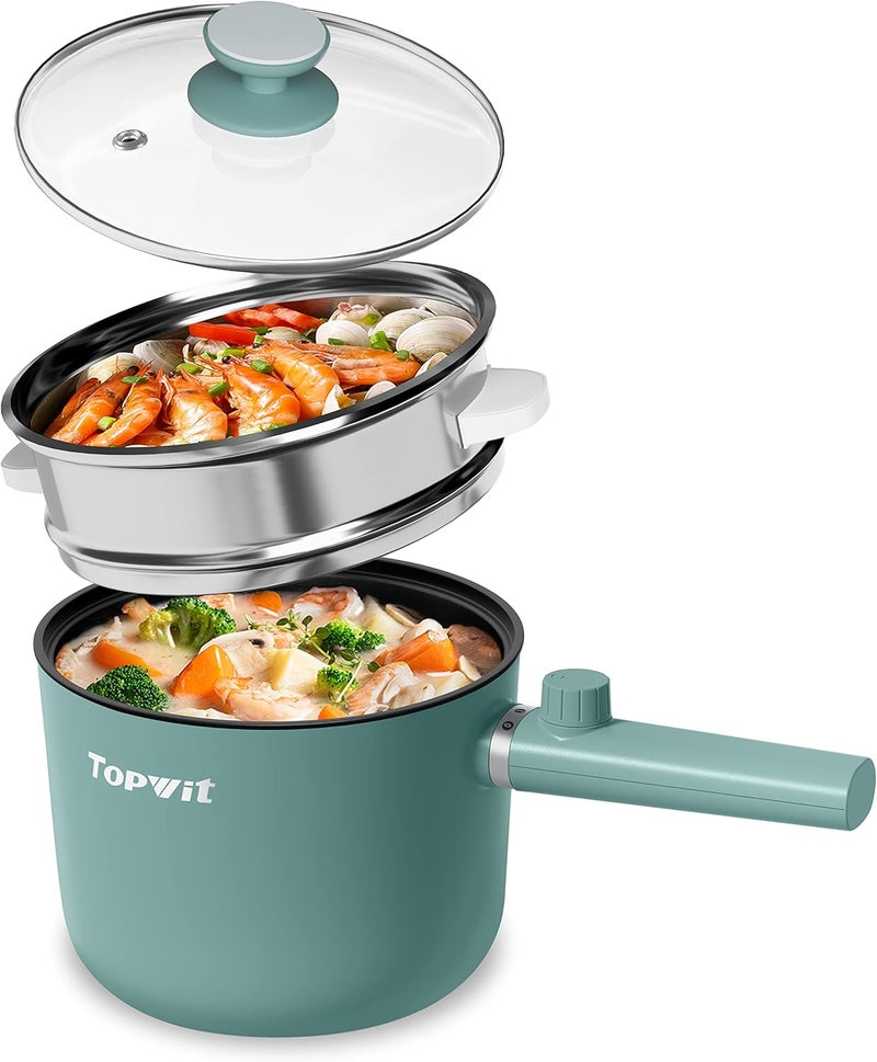TopWit Hot Pot Electric with Steamer, 1.5L Ramen Cooker, Non-Stick Sauté Pan, Portable Cooking Pot, Electric Cooker with Dual Power Control, BPA Free, Over-Heating & Boil Dry Protection, Green - Image 1